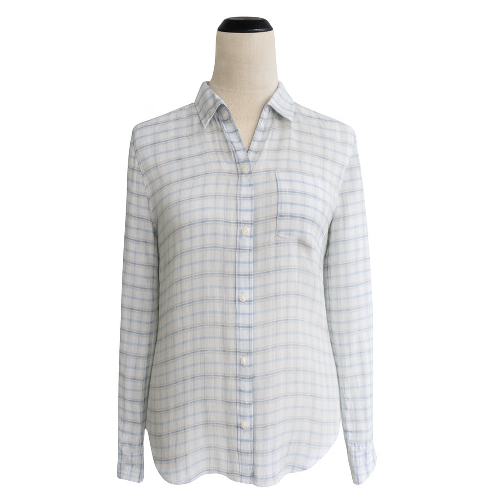 Theory Plaid Button Down Shirt Sz S/P White Blue Gray Check